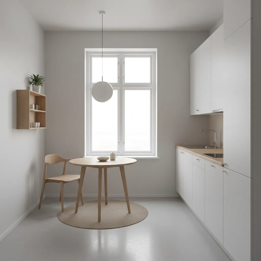 small apartment kitchen with compact dining table near window