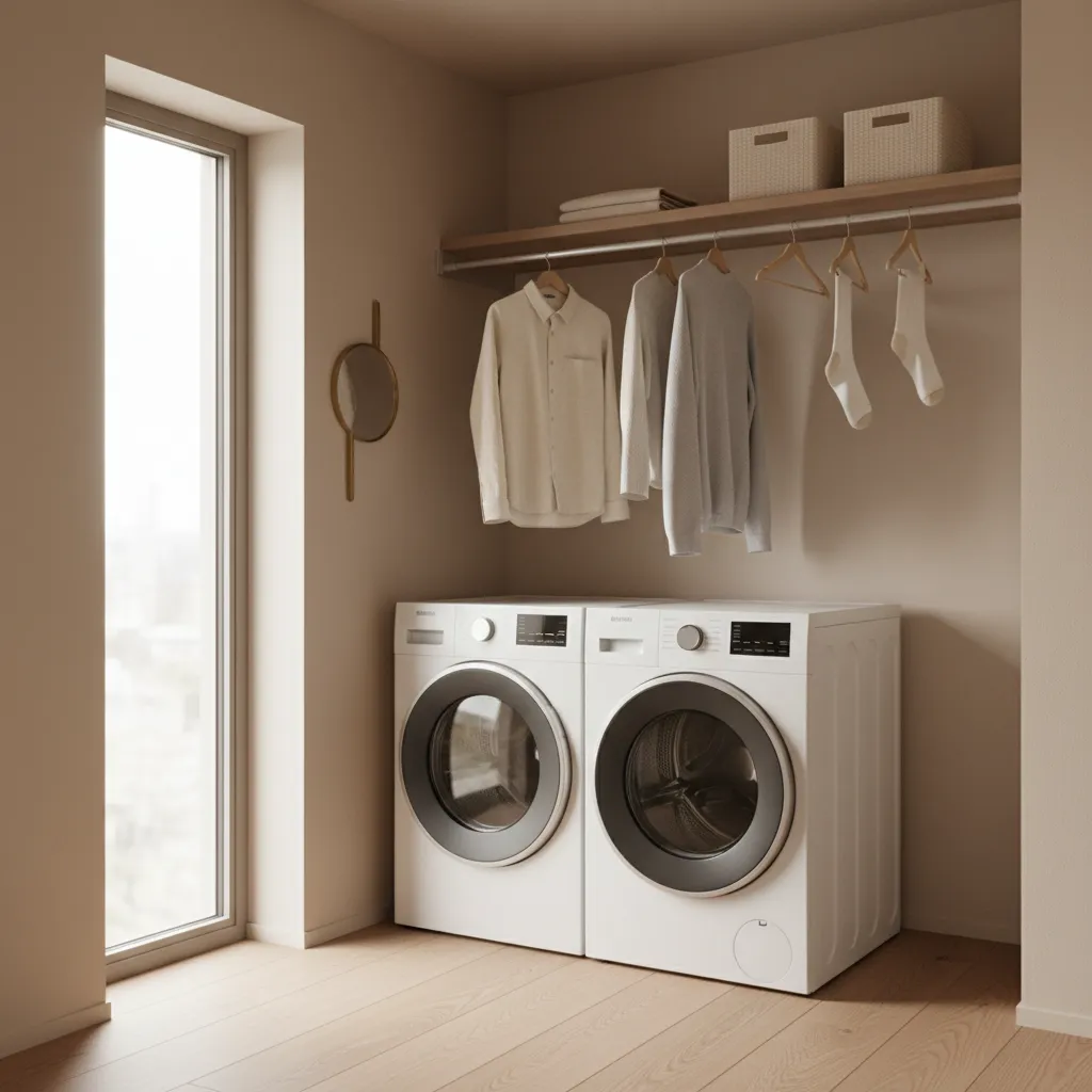 Small apartment laundry space with indoor clothesline and natural light