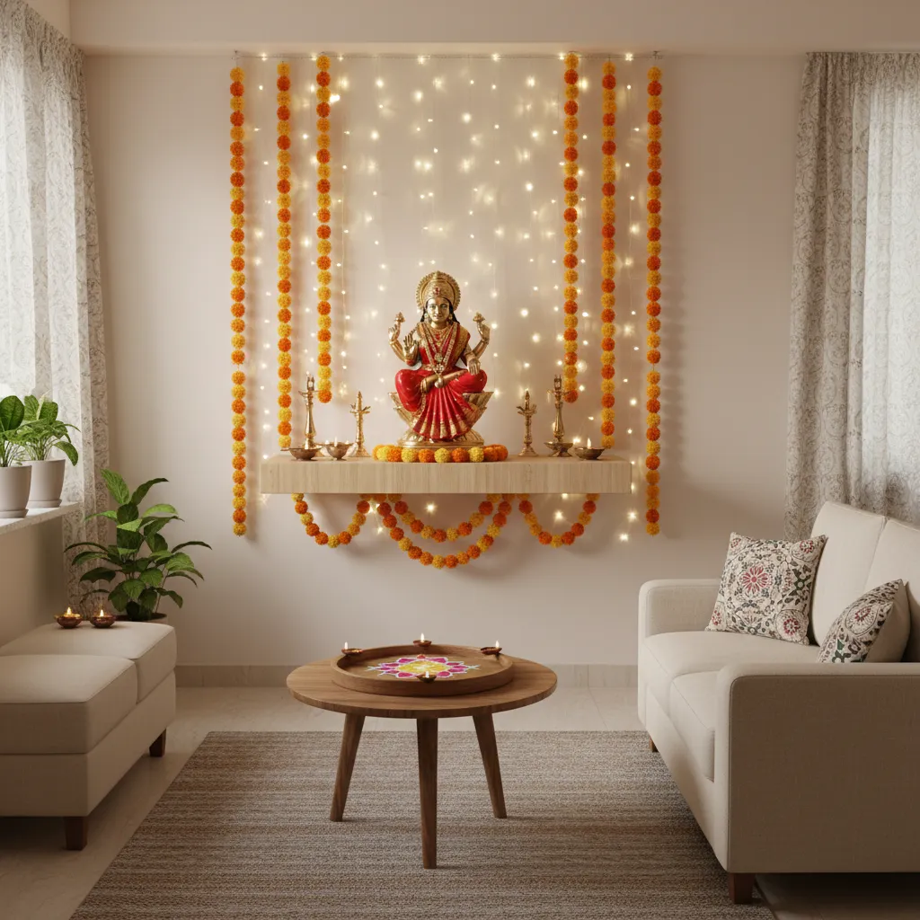Compact Laxmi Pooja decoration setup in a small apartment living room