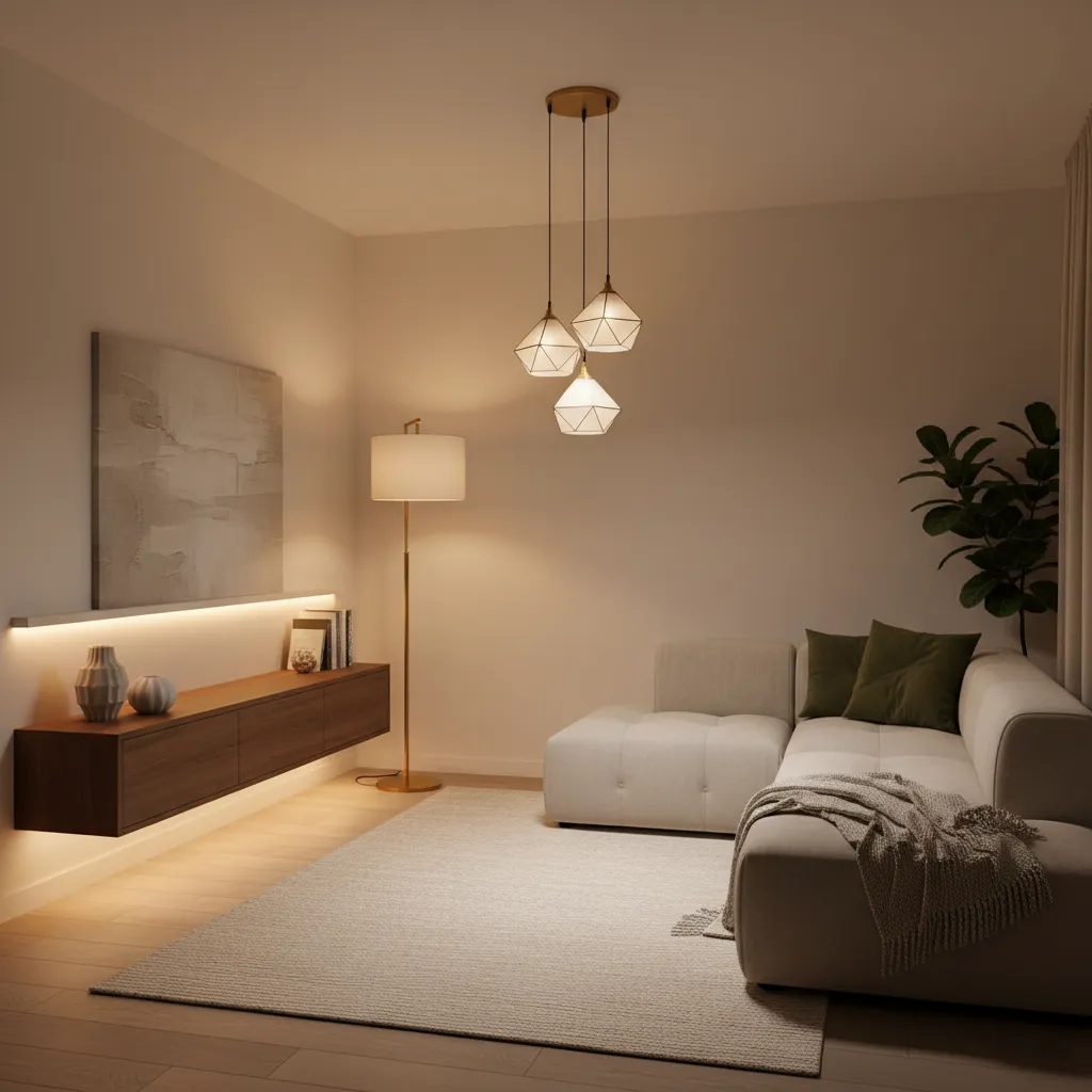 Living room with beige sofa floor lamp hanging ceiling lights and wood cabinet with light