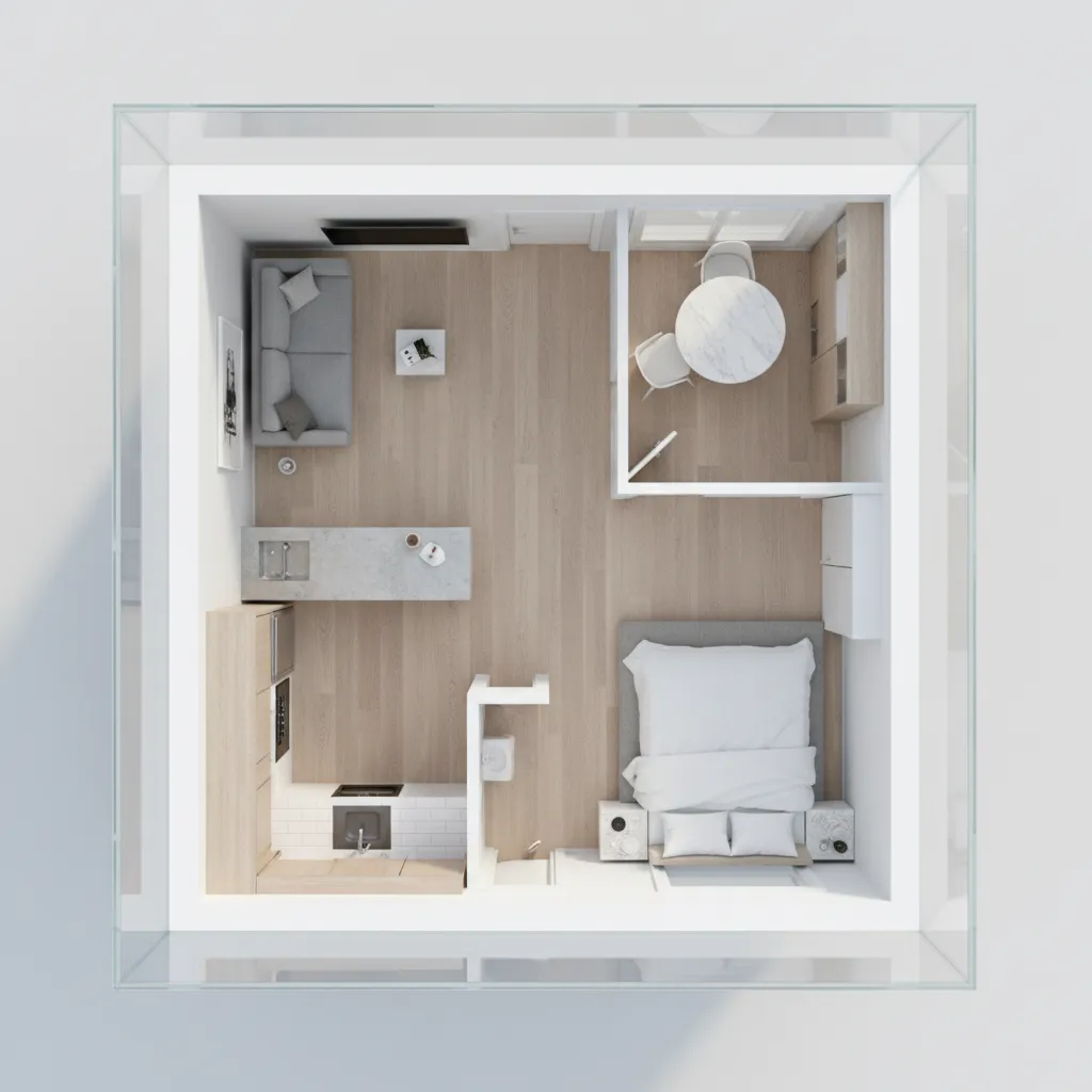 Plano 3D de apartamento pequeño con muebles distribuidos