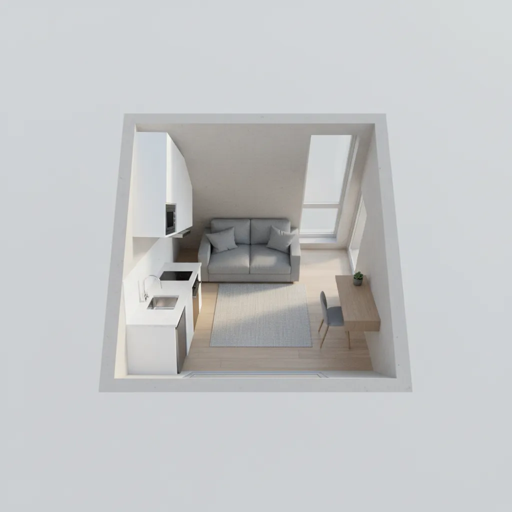 3D layout of a small apartment designed with furniture planning software