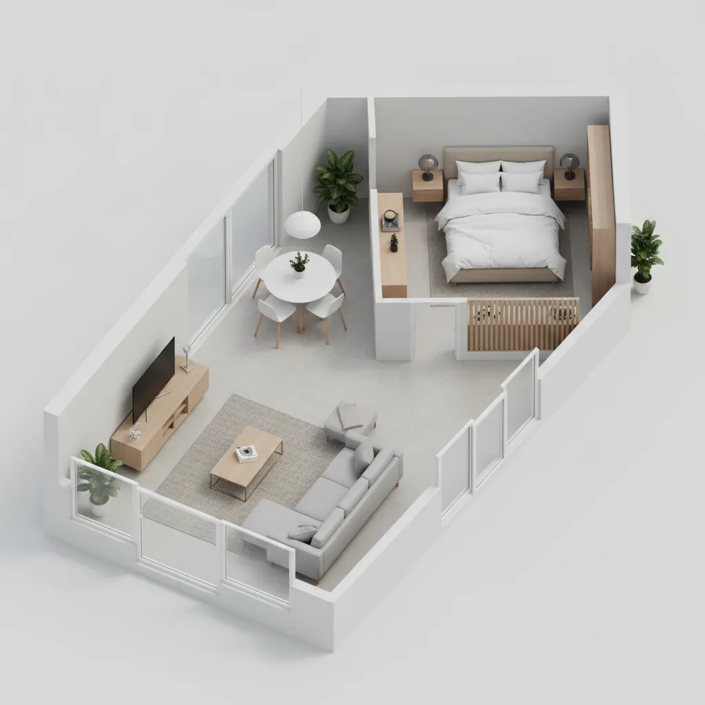 3d floor plan visualization of a small apartment layout