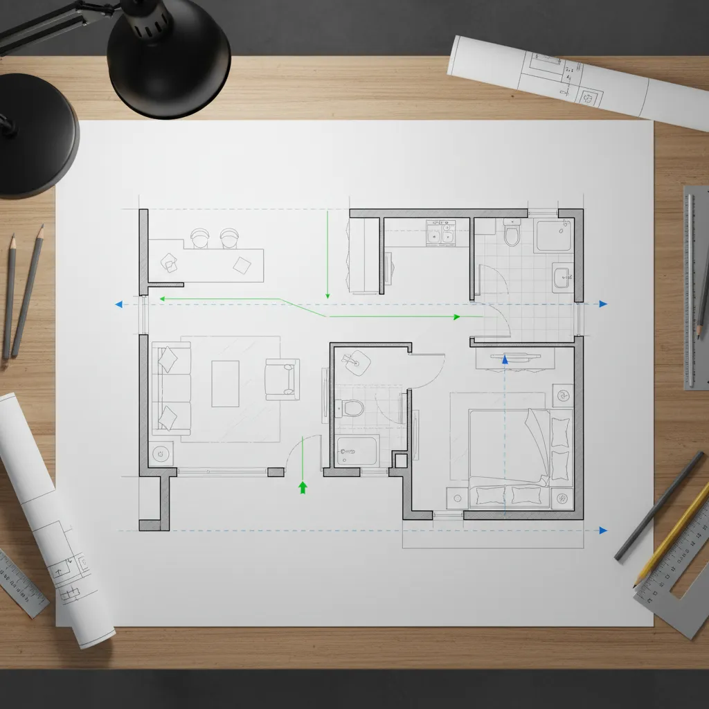 Plano de apartamento pequeño con análisis de circulación y distribución