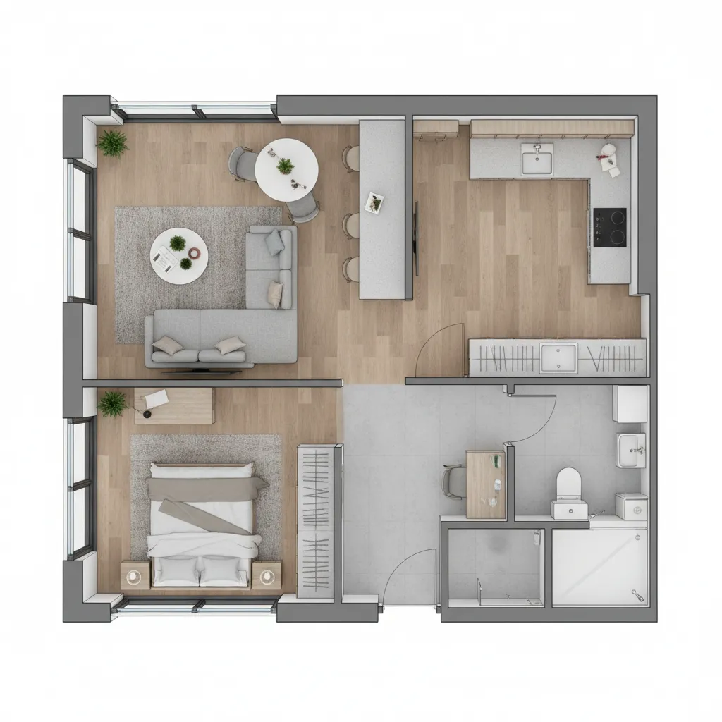Plano de distribución de un departamento pequeño optimizado