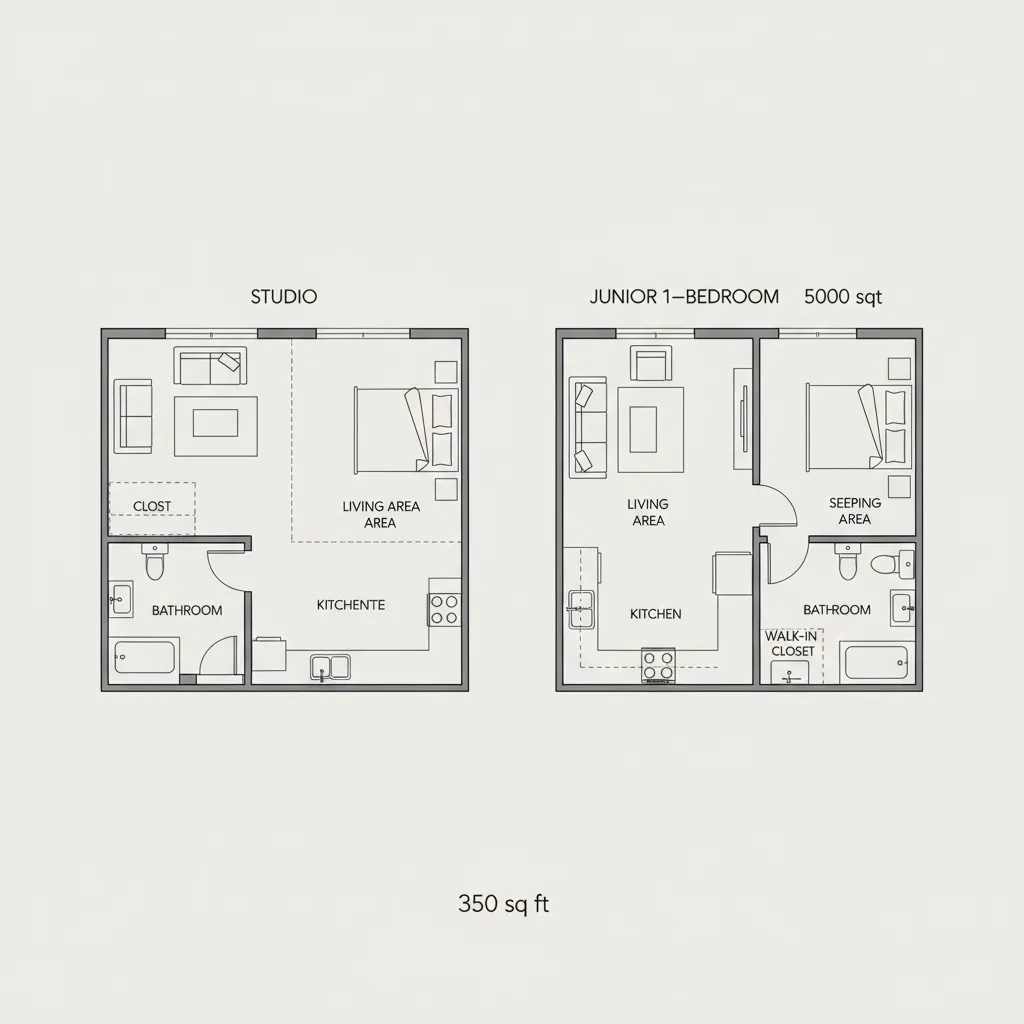 floor plan comparison of studio apartment and junior one bedroom layout