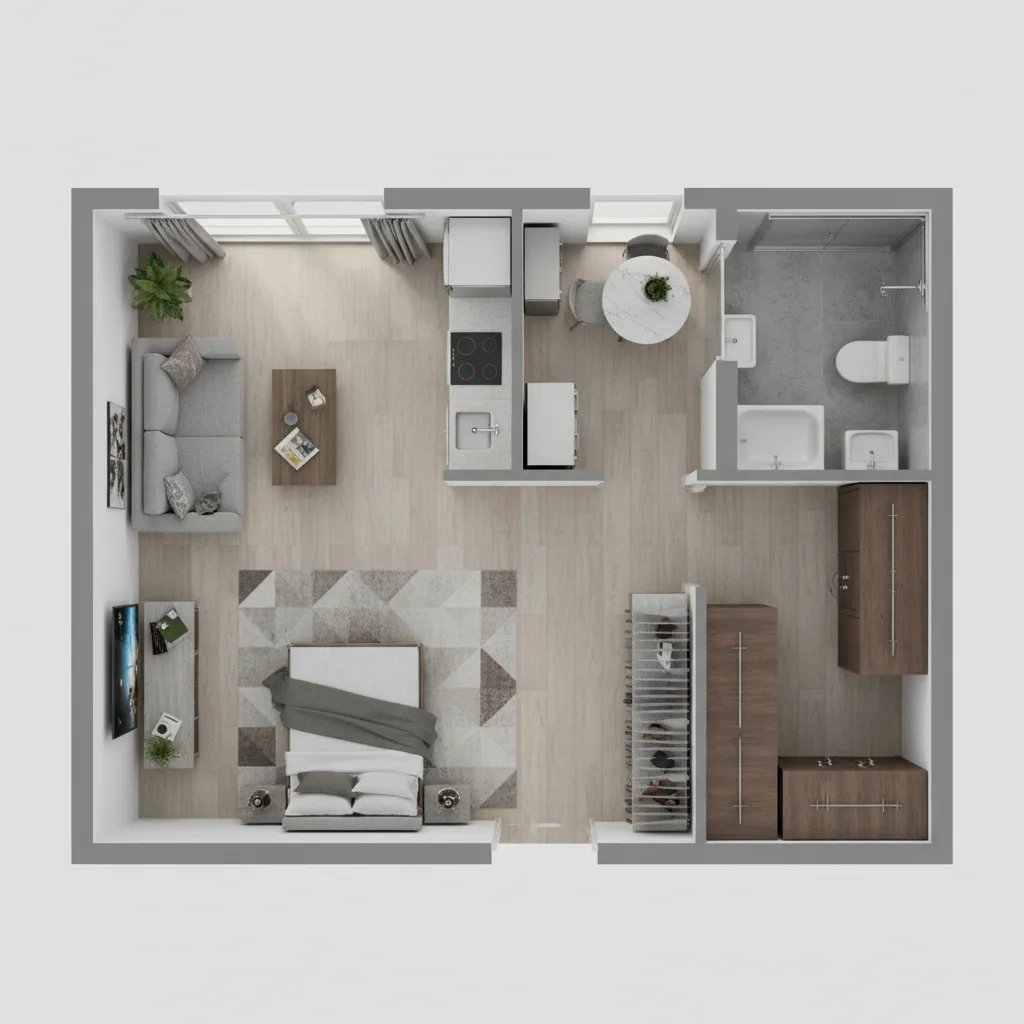 diseño de distribución de apartamento pequeño con muebles optimizados