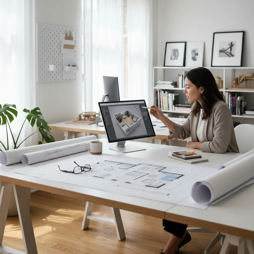 Diseñador trabajando en la distribución de un departamento pequeño