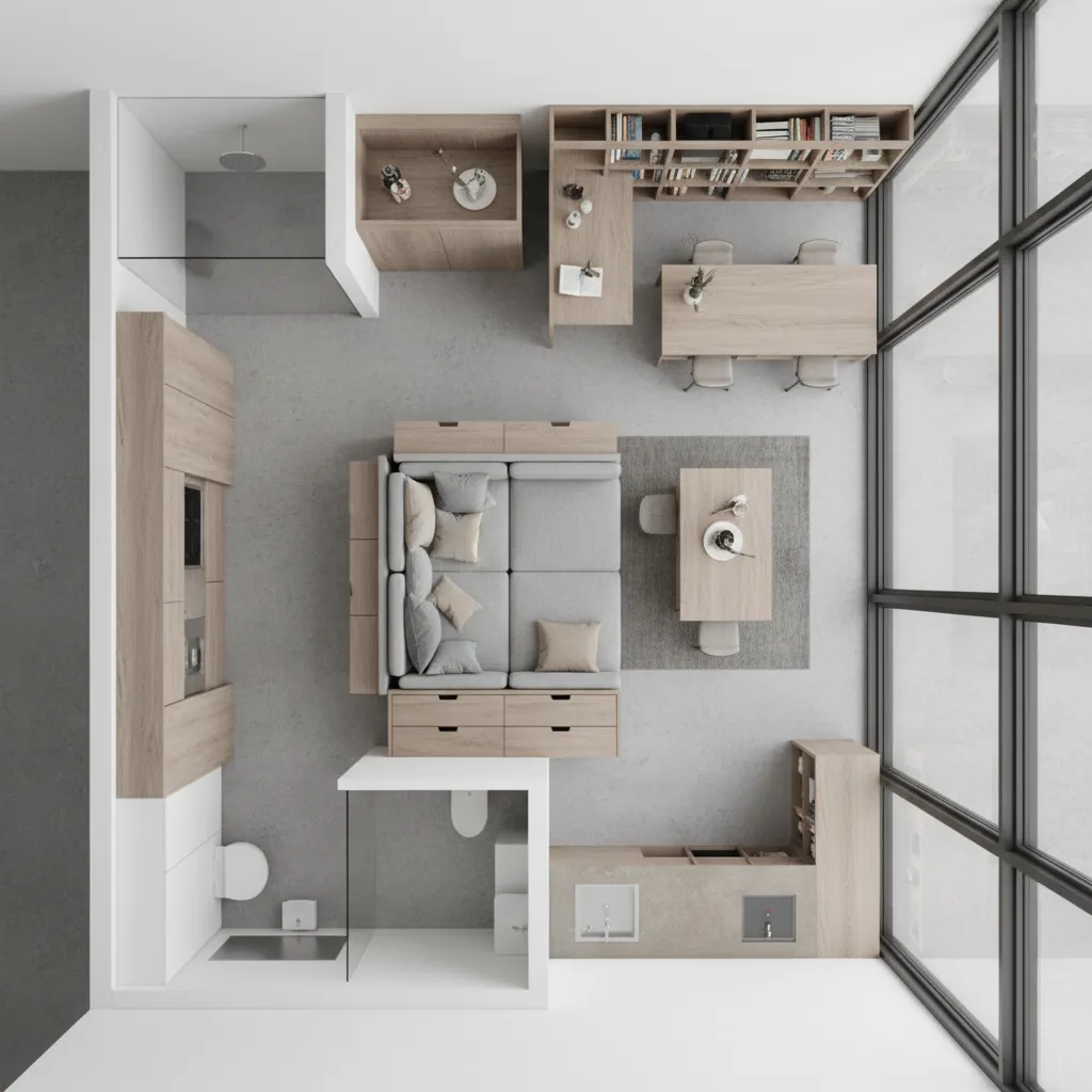 Plano y diseño de un apartamento pequeño optimizado con muebles multifuncionales