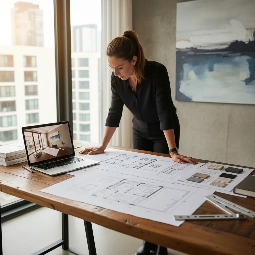 Diseñadora analizando la distribución de un apartamento pequeño