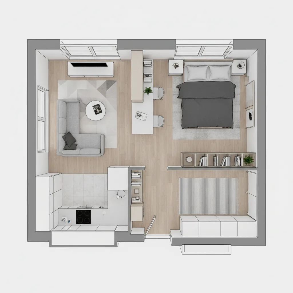 Small apartment floor plan layout optimized with furniture placement