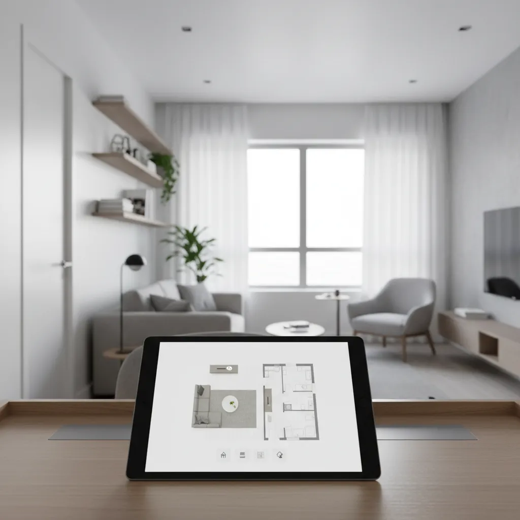Designer planning furniture layout for a compact apartment floor plan