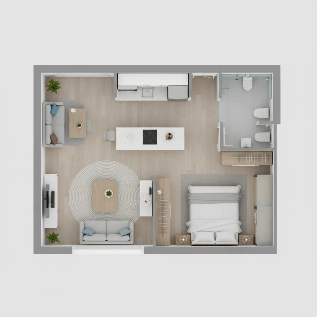 Compact apartment floor plan layout showing optimized furniture placement