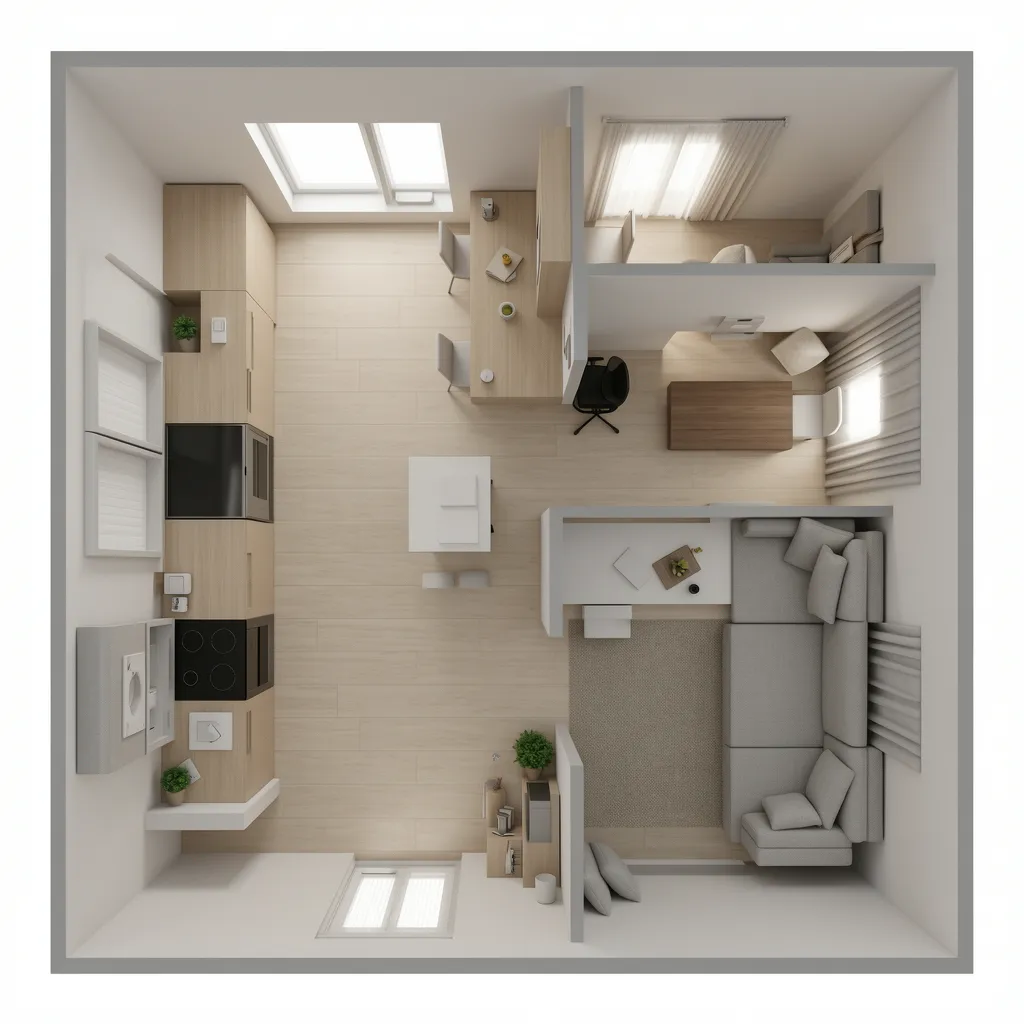 Efficient small apartment layout based on German interior planning principles