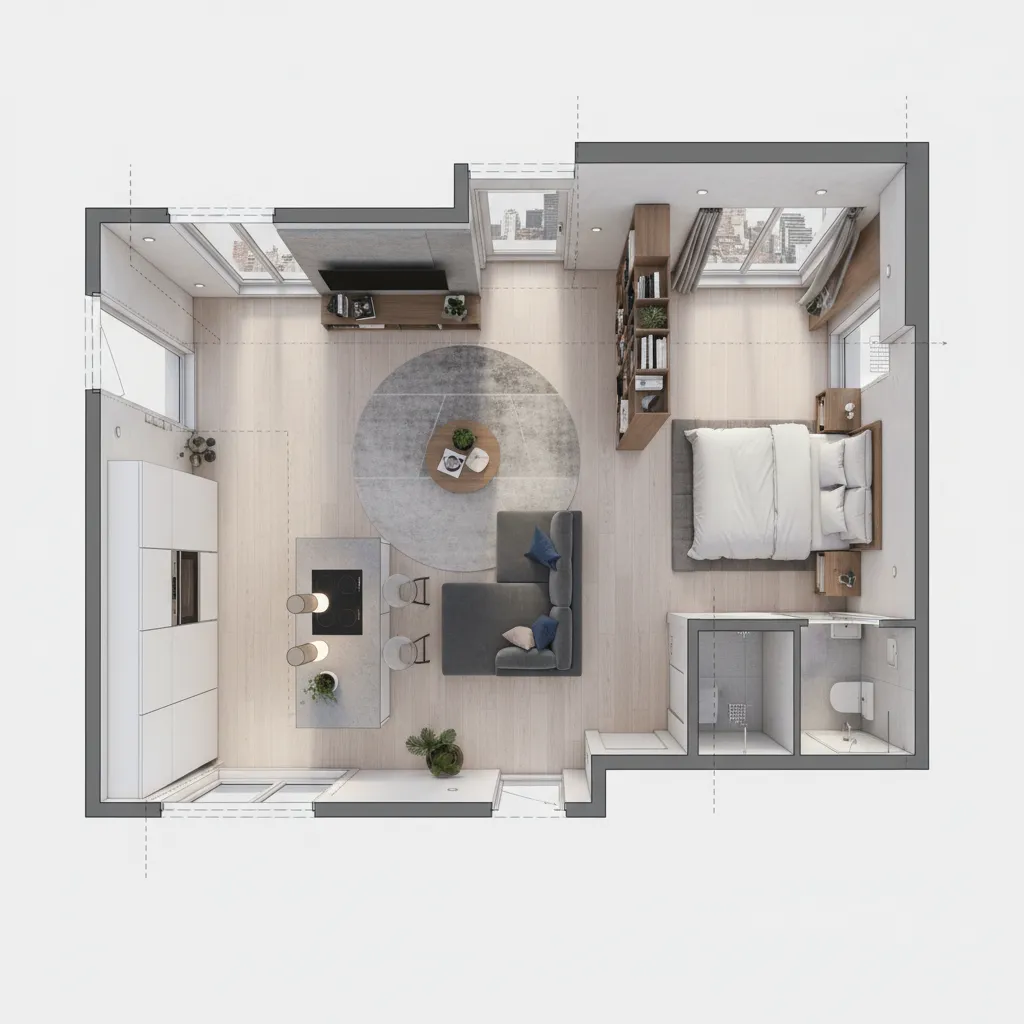 Distribución optimizada de un apartamento pequeño con cocina abierta y salón integrado