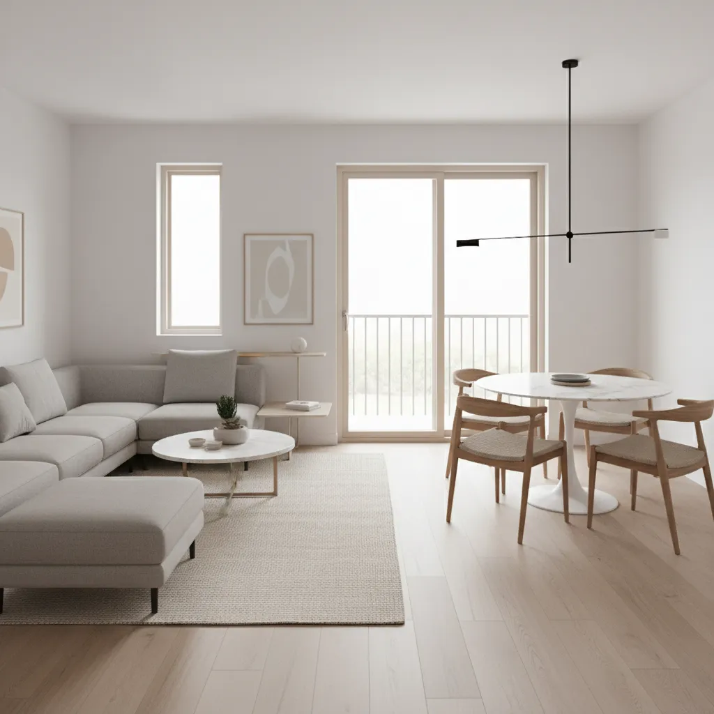 Bố trí nội thất căn hộ nhỏ với sofa, bàn ăn và lối đi hợp lý