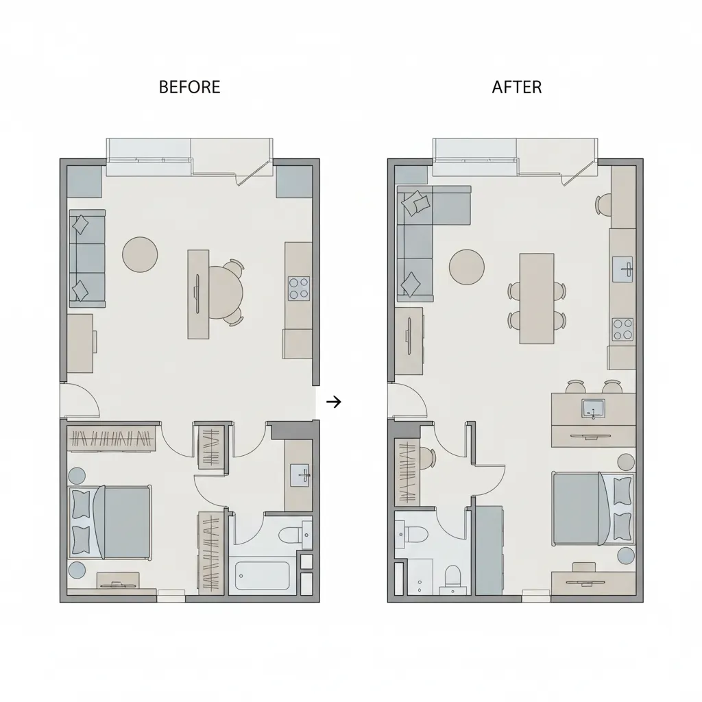 Plano comparativo de distribución de apartamento pequeño optimizado