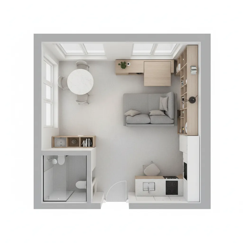Small apartment layout optimized with furniture placement and circulation space