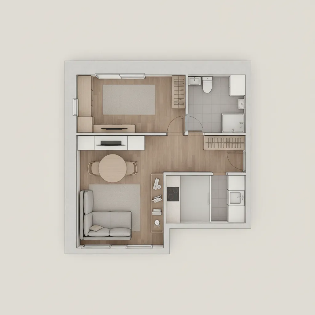 Small apartment layout planned with compact furniture arrangement
