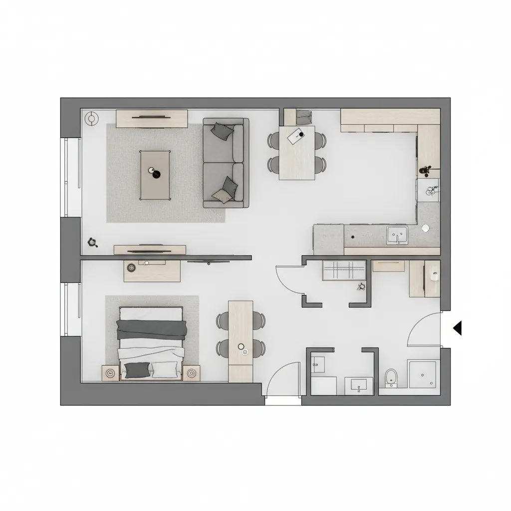 small apartment floor plan showing optimized furniture layout and circulation paths
