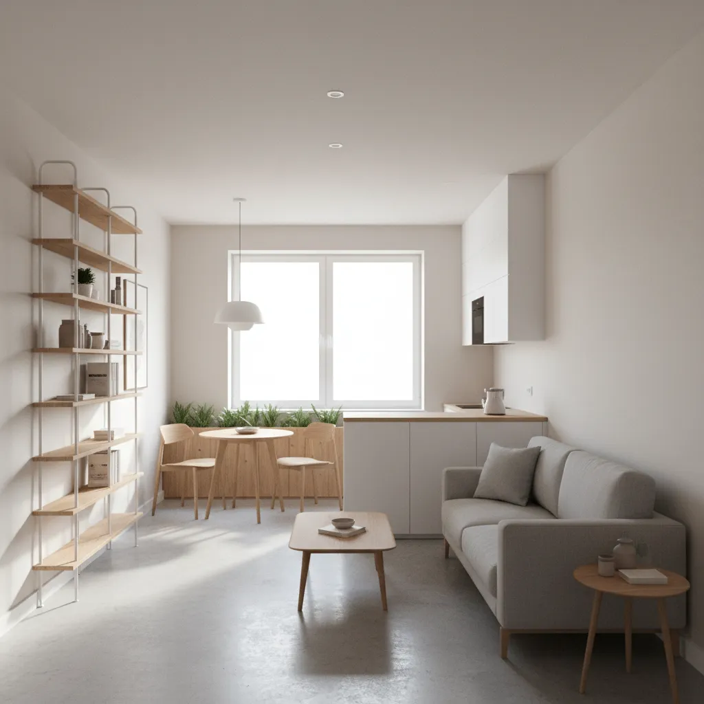 Optimized small apartment layout showing improved furniture spacing