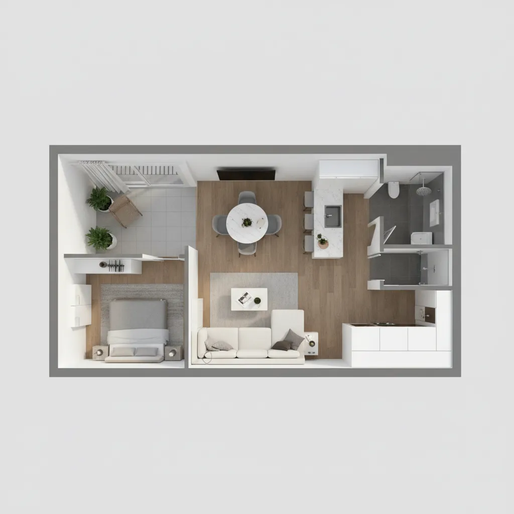 Plano de distribución optimizado para apartamento pequeño