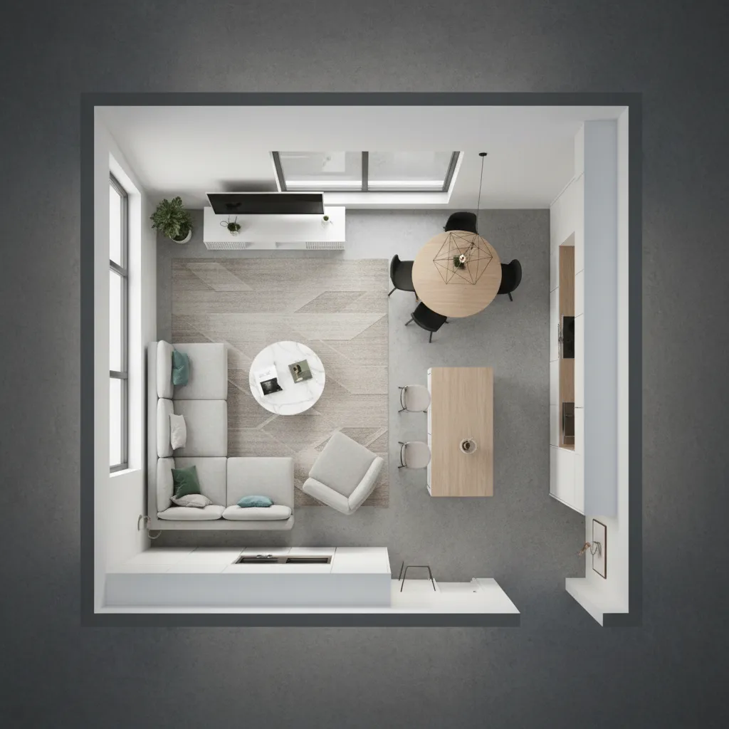 Distribución de muebles en un apartamento pequeño vista desde arriba