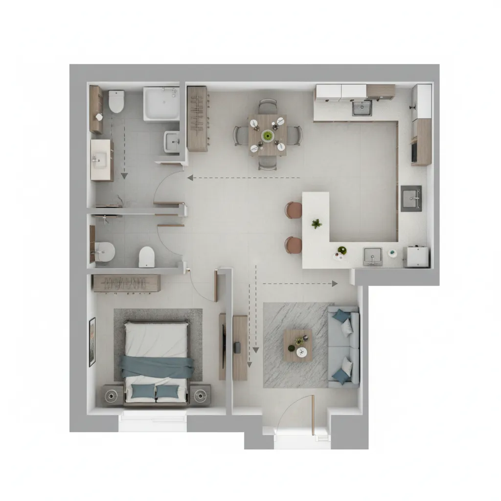 Interior design drawing of a room layout with kitchen, living room, and one bedroom area
