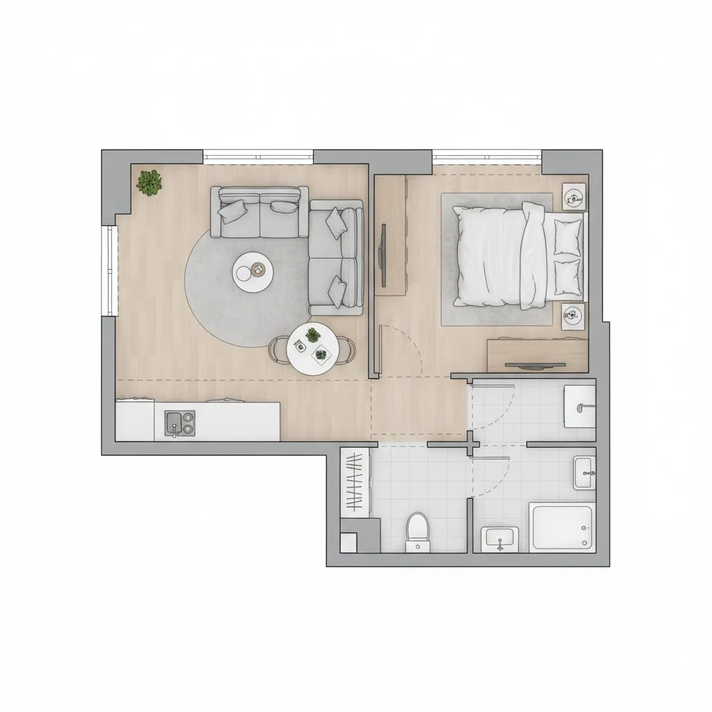 small apartment layout planning showing circulation paths and furniture placement