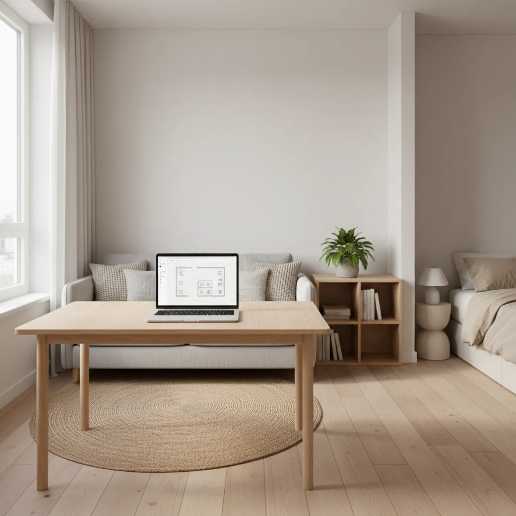 Small apartment living room layout planning on laptop