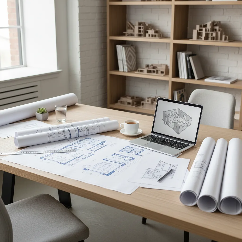 Interior designer reviewing a small apartment 2D floor plan on a desk with layout sketches