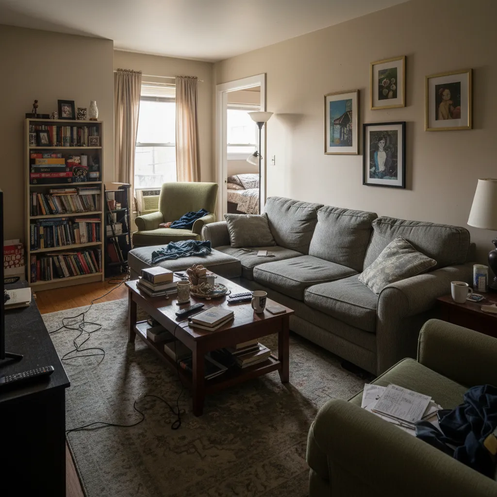 Cluttered living room with messy coffee table overflowing bookshelf tangled cables and grey fabric sofa