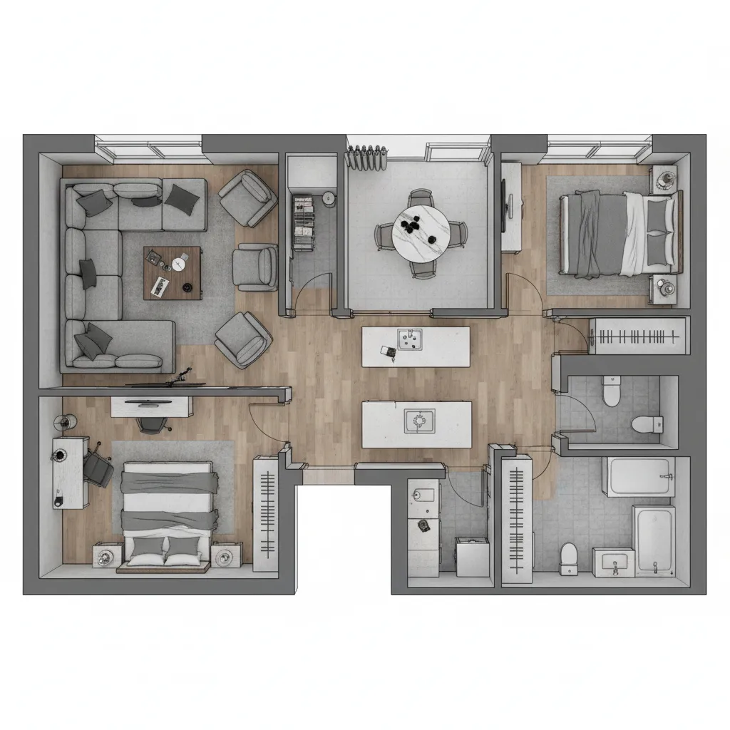Plano de apartamento pequeño mostrando problemas de circulación entre muebles