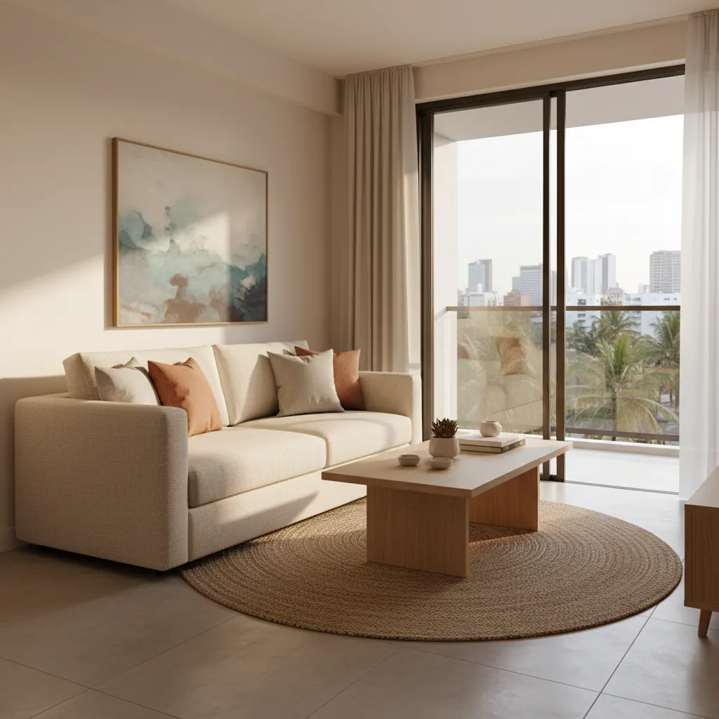 Sala de departamento pequeño con distribución optimizada