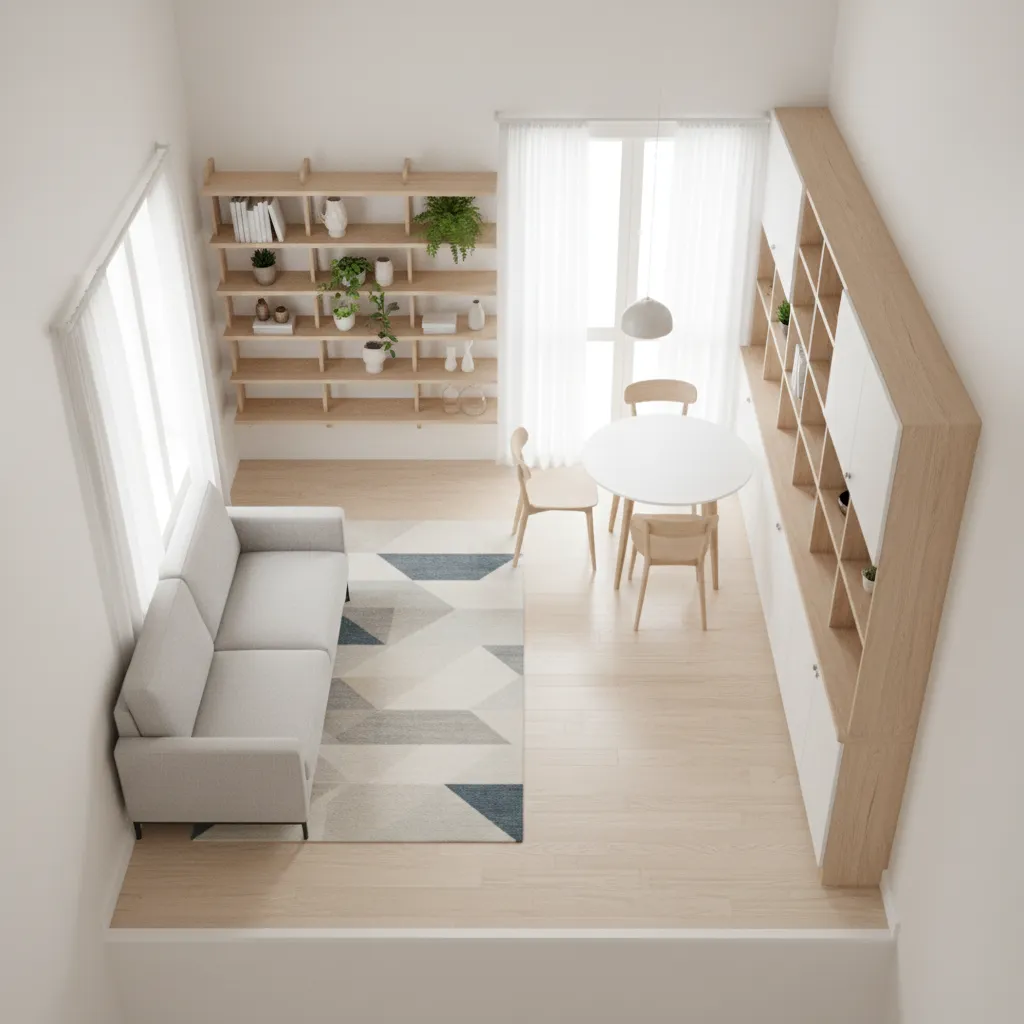 Small apartment layout showing furniture zoning for living dining and storage areas
