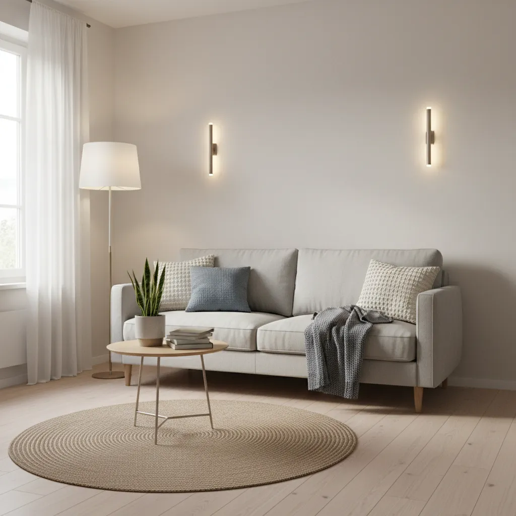 Compact apartment living room illuminated with modern LED wall sconces