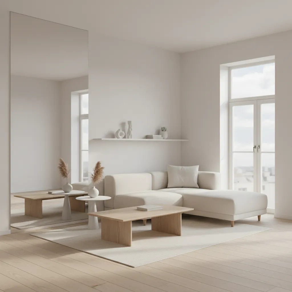 small apartment interior using light colors mirror and open furniture to create spacious feeling