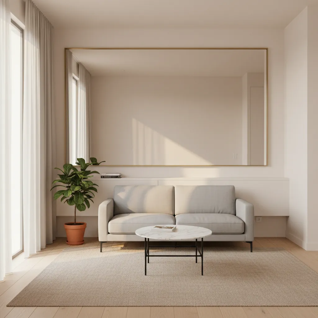 small apartment with mirror wall reflecting light to expand visual space