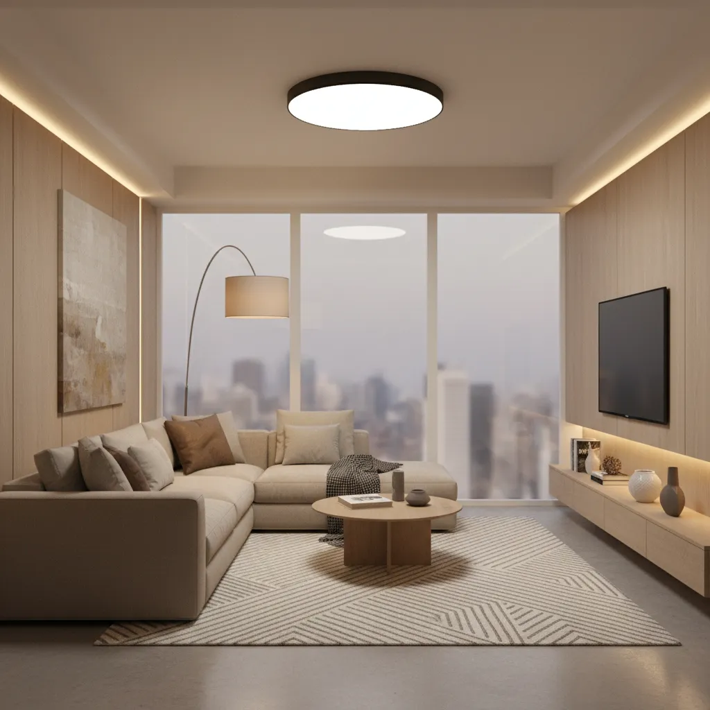 layered lighting setup in a small apartment with ceiling light, lamp, and indirect lighting