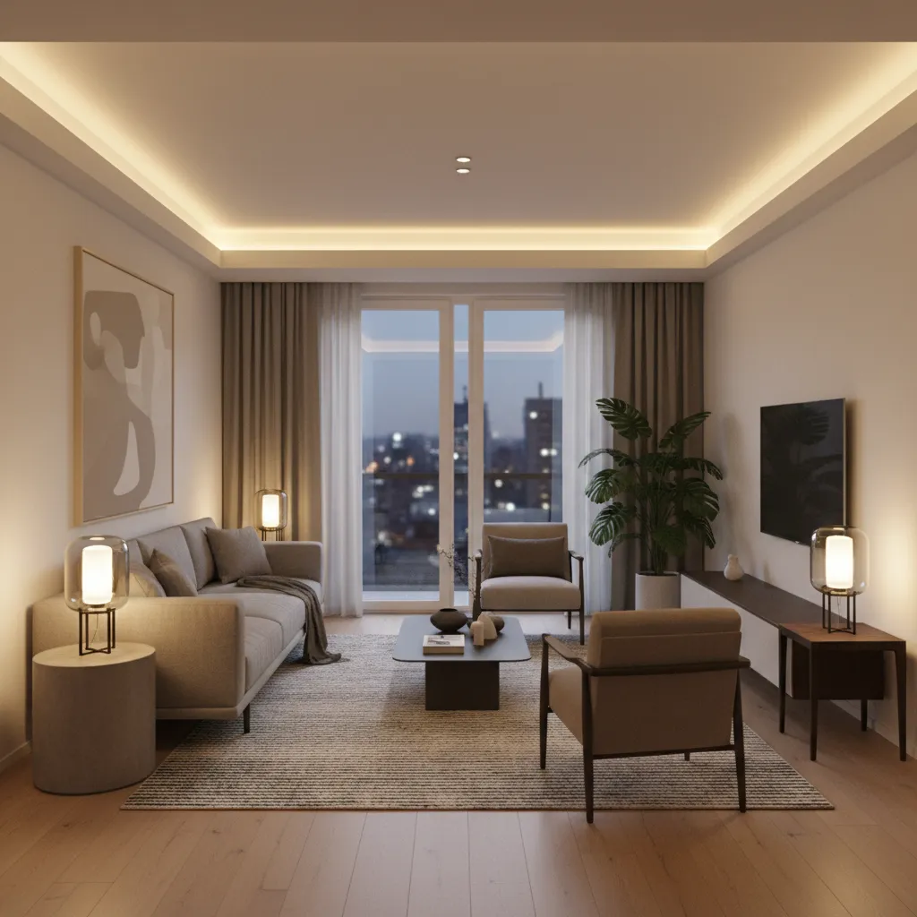Small apartment living room lighting layout with table lamps and layered illumination