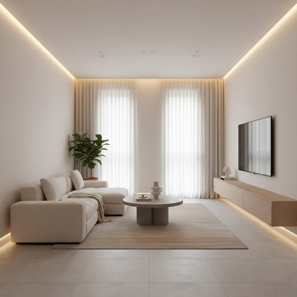 Apartamento pequeño iluminado con luz indirecta para ampliar el espacio