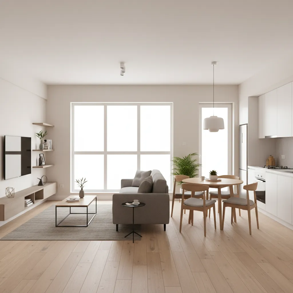 Open living and dining layout design for a compact 2 BHK apartment