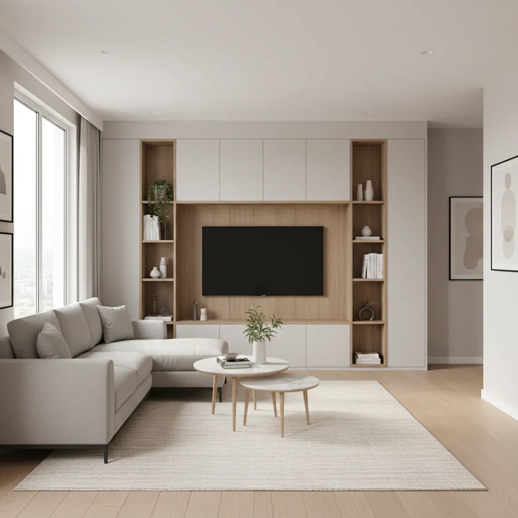 Optimized living room layout with compact modular sofa and TV storage wall