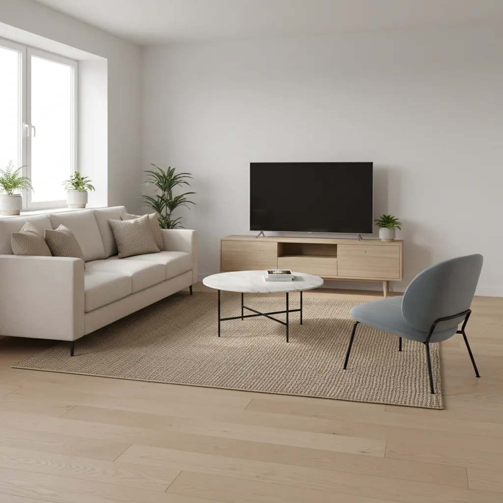 Compact living room layout with sofa against wall and clear walkway