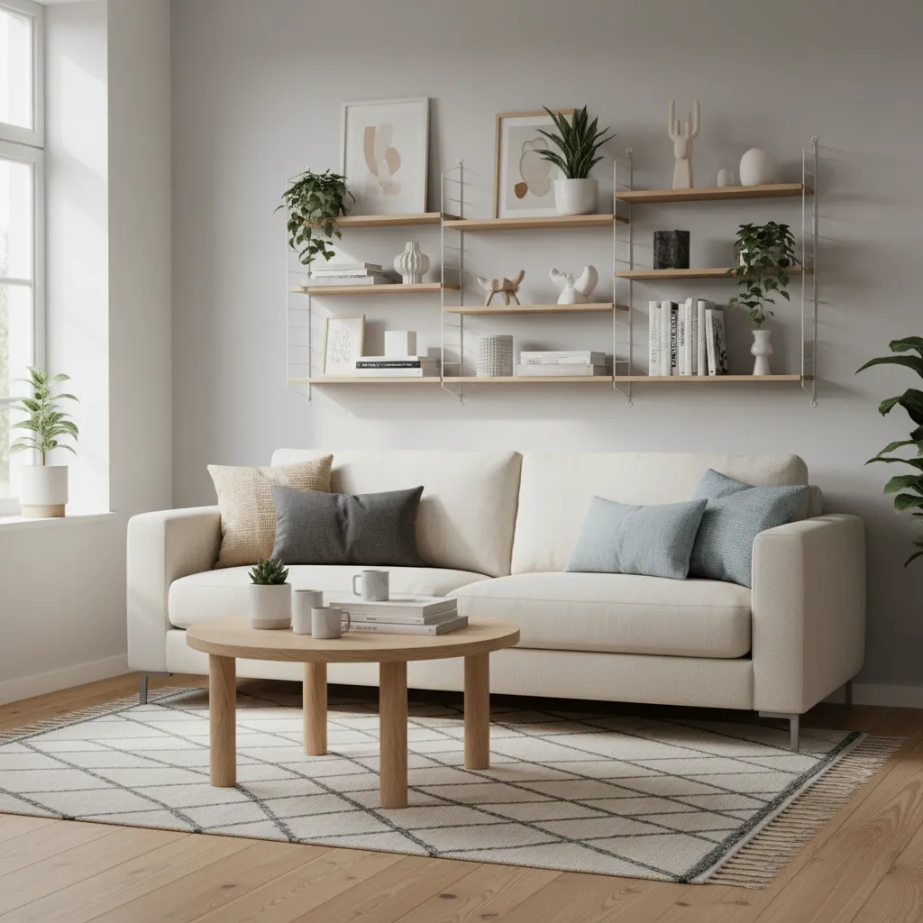 Bright living room with white sofa, wooden coffee table, wall shelves, plants, and wood flooring