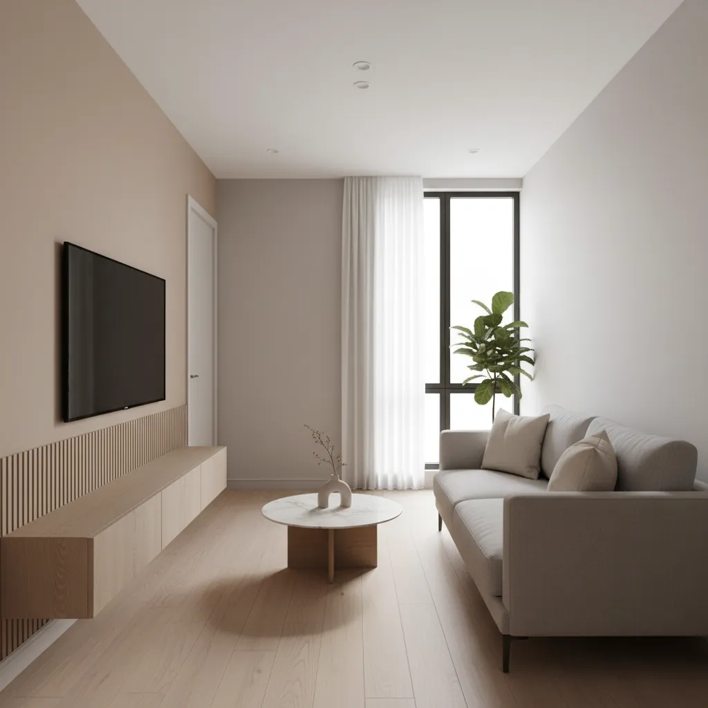 Compact apartment living room with optimized furniture arrangement