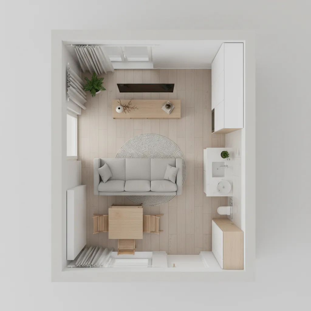 Open living room layout for small 1 BHK apartment