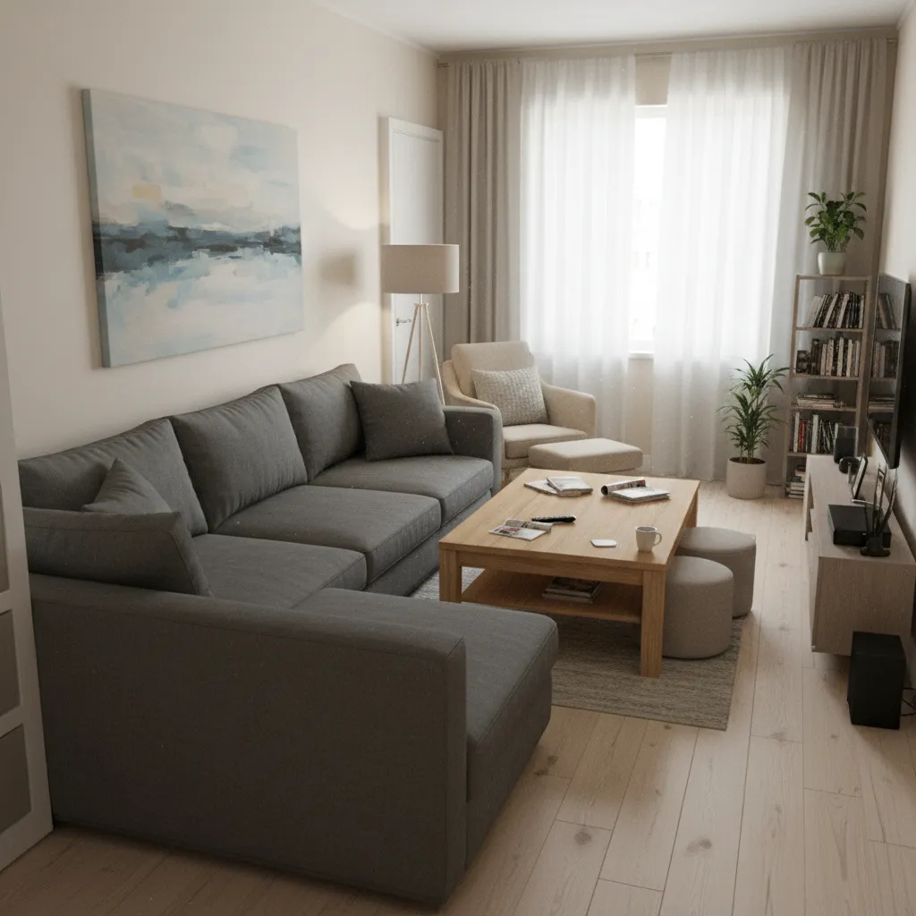 Compact apartment living room with cramped furniture layout showing common space issues