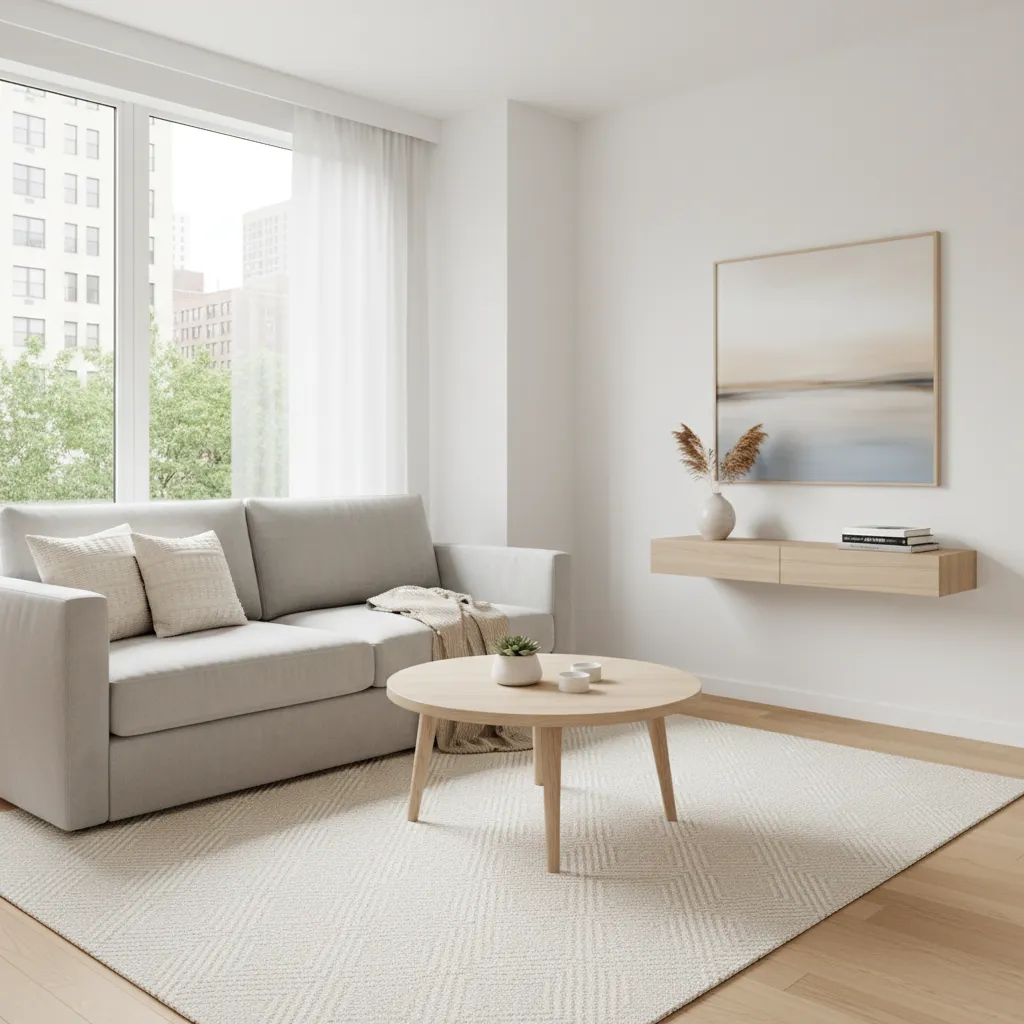 compact apartment living room with sofa against wall and minimal furniture