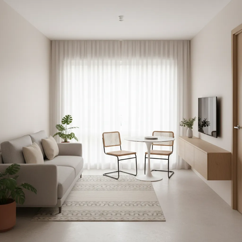 Compact apartment living room showing efficient furniture layout in a small Indian flat